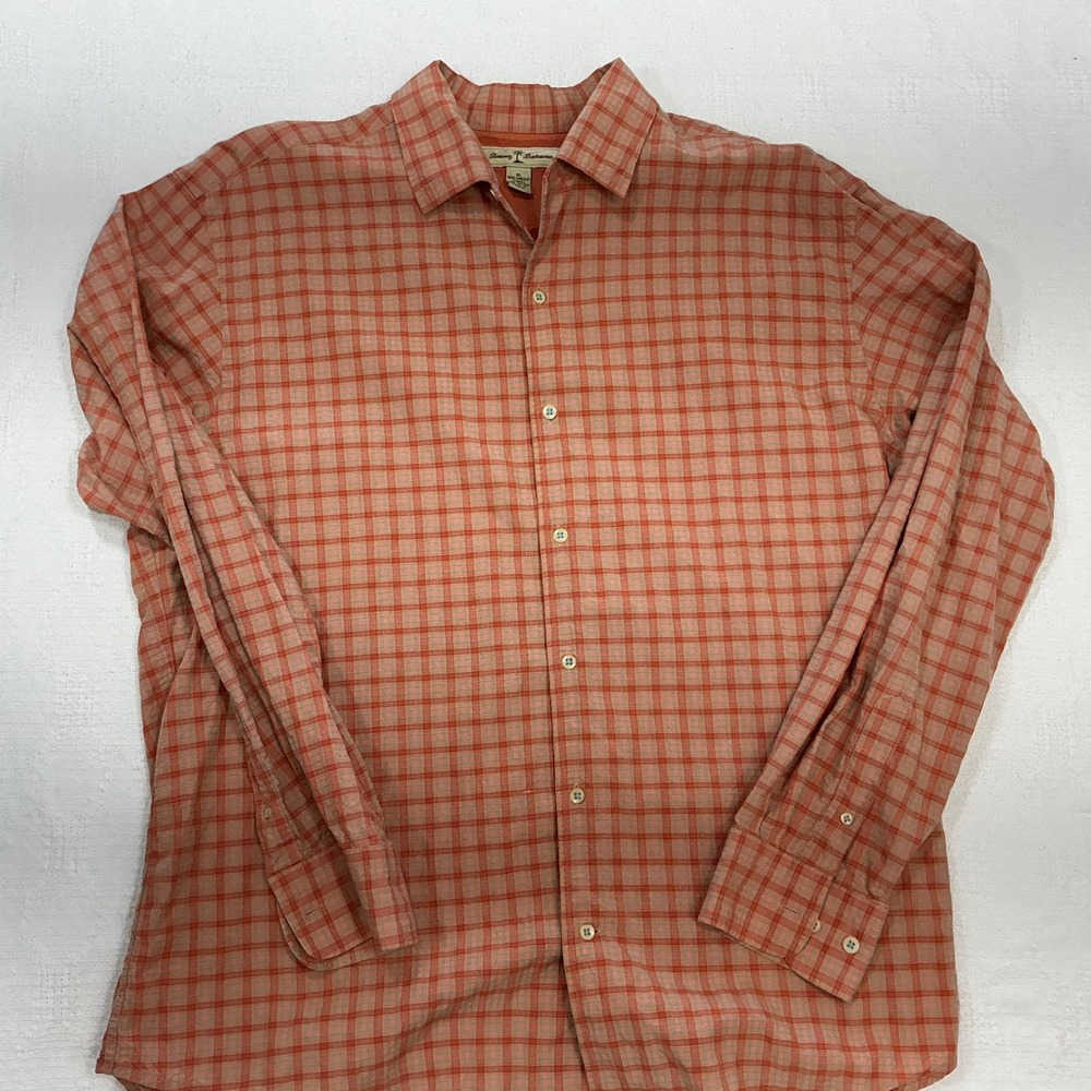 Tommy‎ Bahama Mens XL Orange Plaid Tencel Cotton Long Sleeve Button Down Shirt